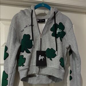 NEW Filthy Wealth Clothing Gray Zip Up Hoodie with Green Clover Accents